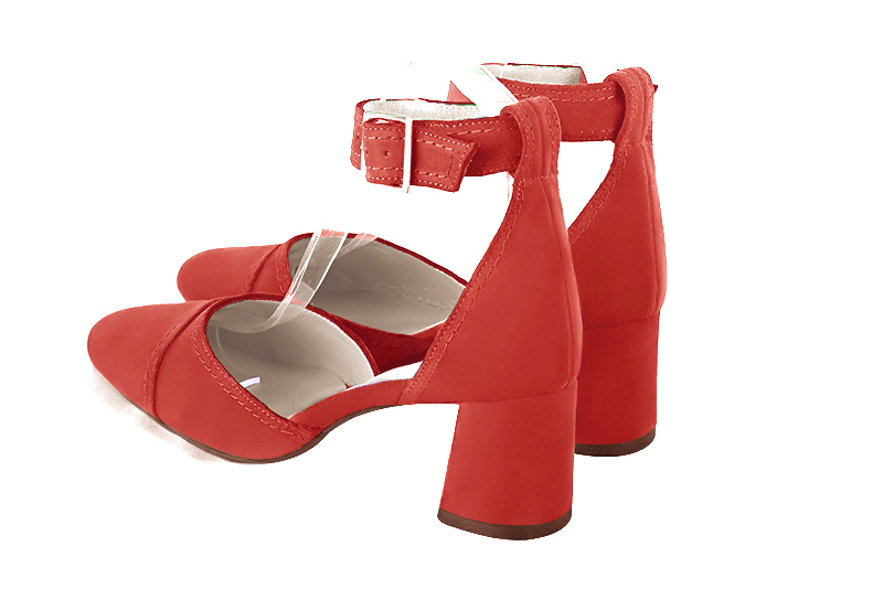 Scarlet red women's open side shoes, with a strap around the ankle. Round toe. Medium flare heels. Rear view - Florence KOOIJMAN